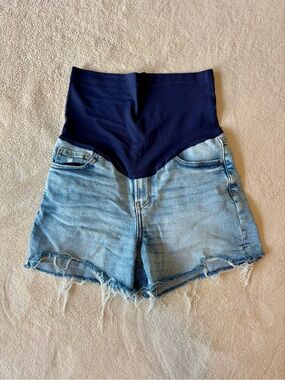PinkBlush Blue Distressed Frayed Hem Maternity Denim Shorts
